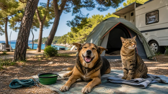 Dog and cat at a pine-shaded Croatian seaside campsite with a tent and mobile home, illustrating a guide to camping in Croatia with a dog Dog and cat at a pine-shaded Croatian seaside campsite with a tent and mobile home, illustrating a guide to camping in Croatia with a dog