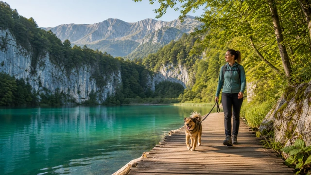 Leashed dog and traveler on a wooden boardwalk beside turquoise Croatian lake water and limestone mountains, illustrating a guide to Croatia national parks with a dog Leashed dog and traveler on a wooden boardwalk beside turquoise Croatian lake water and limestone mountains, illustrating a guide to Croatia national parks with a dog