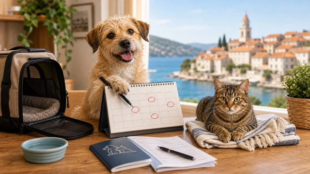 Dog and cat beside a travel calendar, pet carrier and vaccination paperwork, illustrating the countdown checklist for pet travel to Croatia Dog and cat beside a travel calendar, pet carrier and vaccination paperwork, illustrating the countdown checklist for pet travel to Croatia