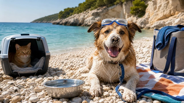 Funny wet dog and cat at a dog-friendly Croatian pebble beach