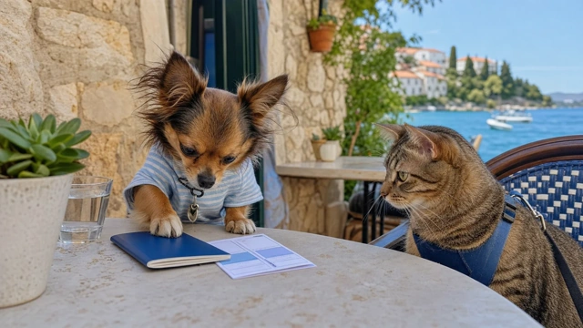 Dog and cat checking EU pet passport paperwork at a Croatian seaside cafe
