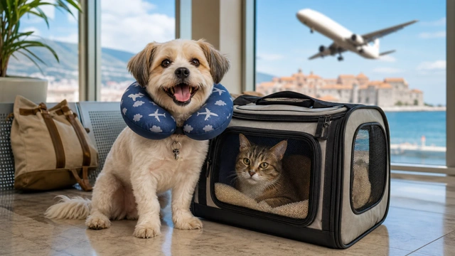 Funny dog and cat in an airport with a cabin pet carrier for Croatia travel