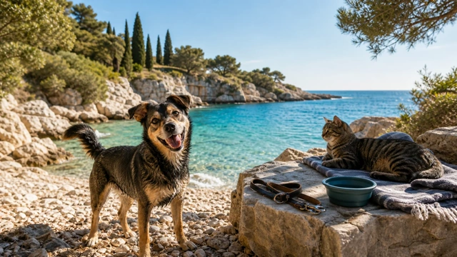 Happy dog on an Istrian pebble cove with a sun-warmed limestone coast, cypress trees and blue Adriatic in the background