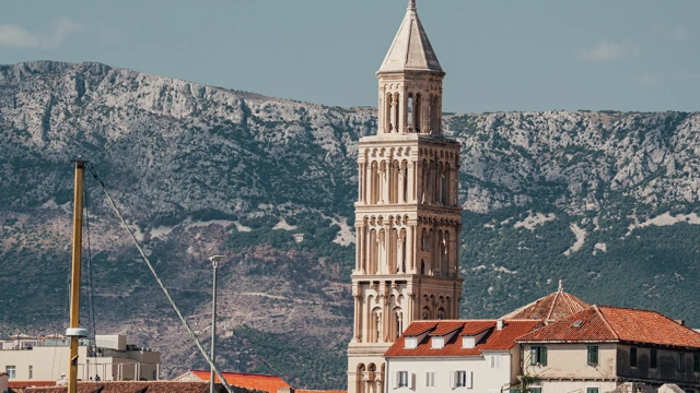 Split waterfront with the Saint Domnius bell tower below Marjan hill, the city covered in our pet-friendly Split guide for dog owners