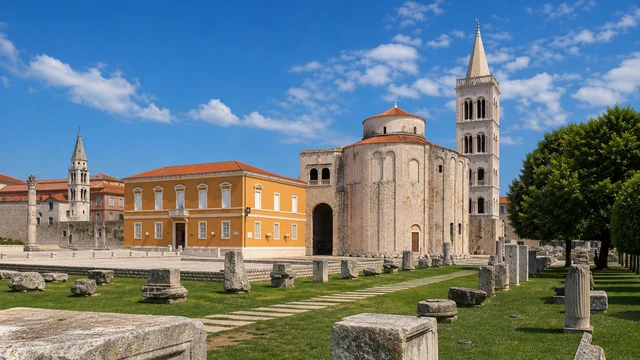 Zadar Roman Forum with the Church of St Donatus and St Anastasia bell tower, the city covered in our pet-friendly Zadar guide for dog owners