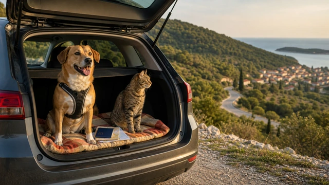 Dog and cat in a car at a sunny viewpoint between green Slovenian hills and the Istrian coast, illustrating a guide to travelling from Slovenia to Croatia with a pet Dog and cat in a car at a sunny viewpoint between green Slovenian hills and the Istrian coast, illustrating a guide to travelling from Slovenia to Croatia with a pet