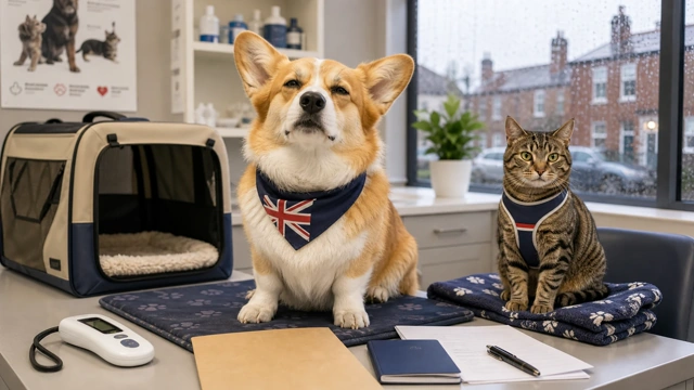 Dog and cat at a UK vet clinic with animal health certificate paperwork before traveling to Croatia